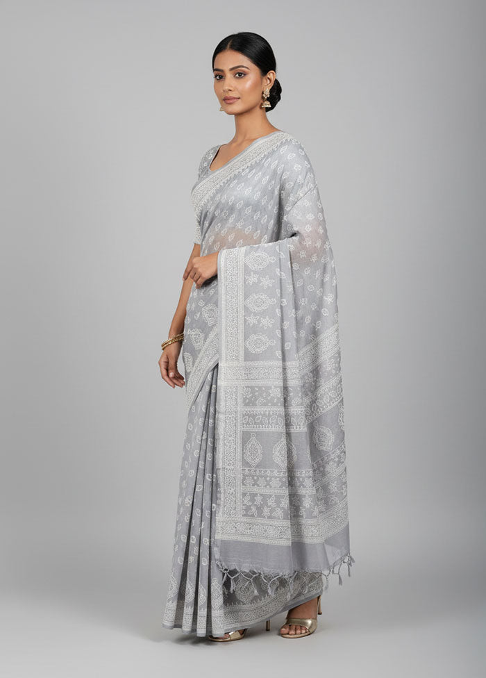 Grey Cotton Saree With Blouse Piece