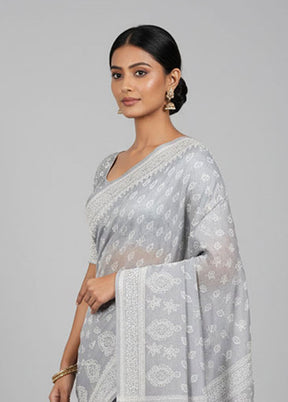 Grey Cotton Saree With Blouse Piece