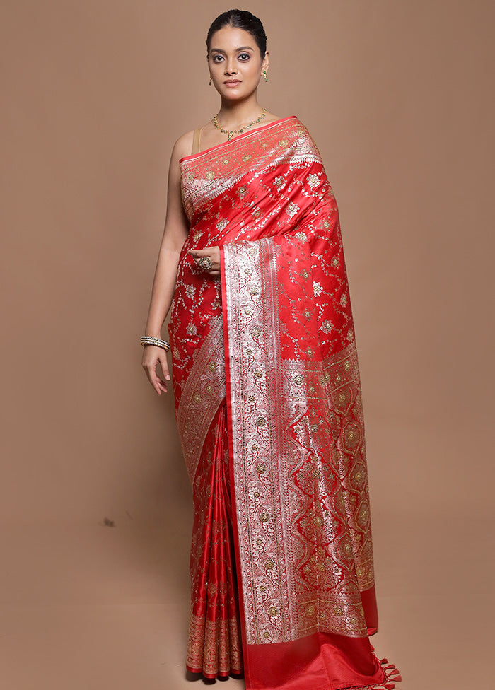 Red Banarasi Silk Saree With Blouse Piece