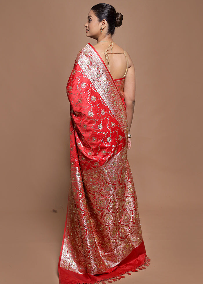 Red Banarasi Silk Saree With Blouse Piece