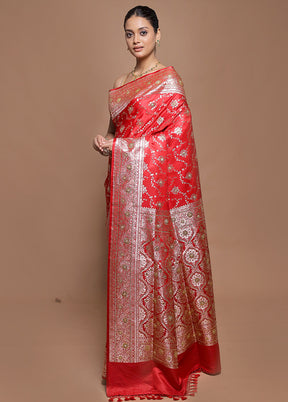 Red Banarasi Silk Saree With Blouse Piece