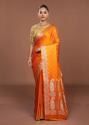 Orange Banarasi Silk Saree With Blouse Piece