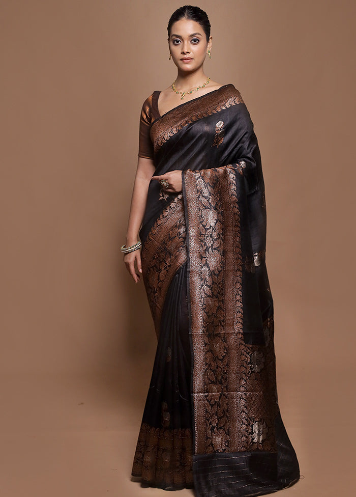 Black Handloom Tussar Pure Silk Saree With Blouse Piece