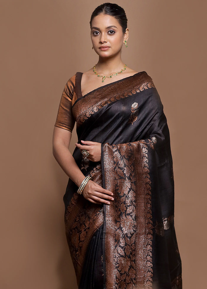 Black Handloom Tussar Pure Silk Saree With Blouse Piece