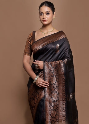 Black Handloom Tussar Pure Silk Saree With Blouse Piece