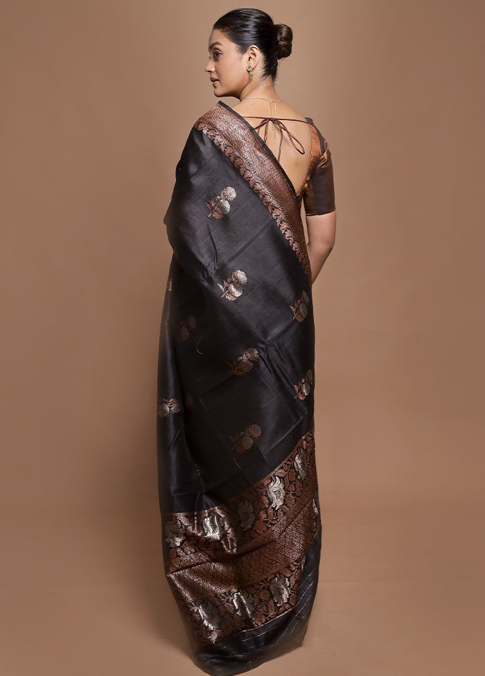 Black Handloom Tussar Pure Silk Saree With Blouse Piece
