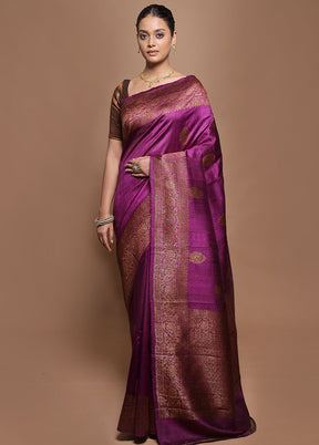 Purple Handloom Tussar Pure Silk Saree With Blouse Piece