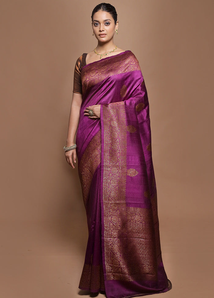 Purple Handloom Tussar Pure Silk Saree With Blouse Piece