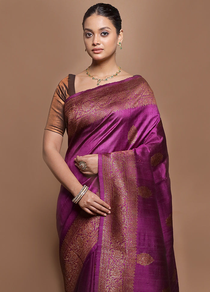 Purple Handloom Tussar Pure Silk Saree With Blouse Piece