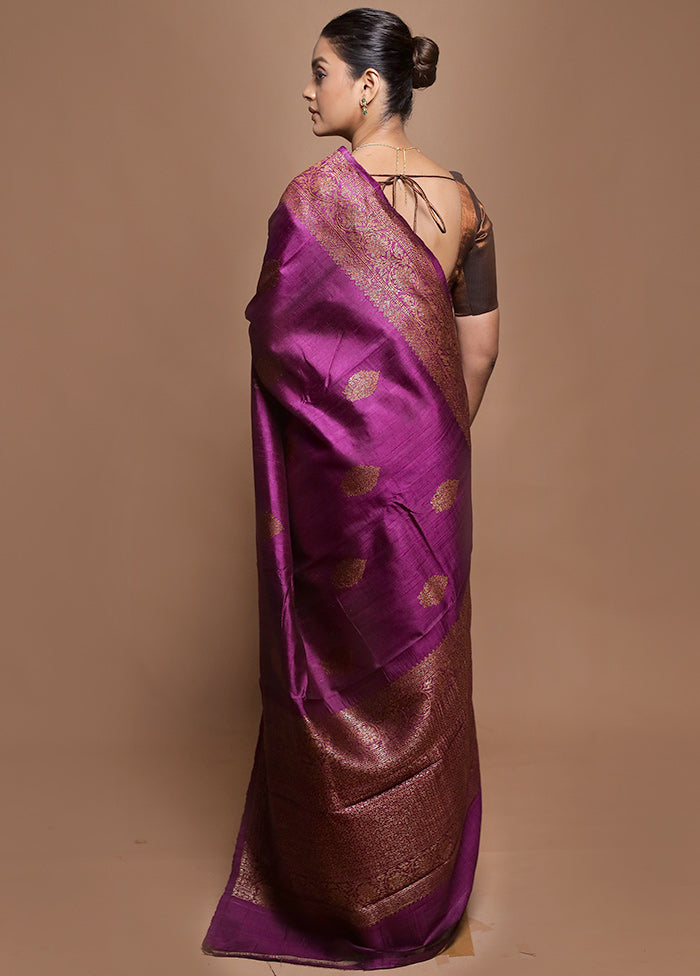 Purple Handloom Tussar Pure Silk Saree With Blouse Piece
