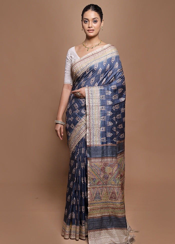 Blue Tussar Silk Saree With Blouse Piece