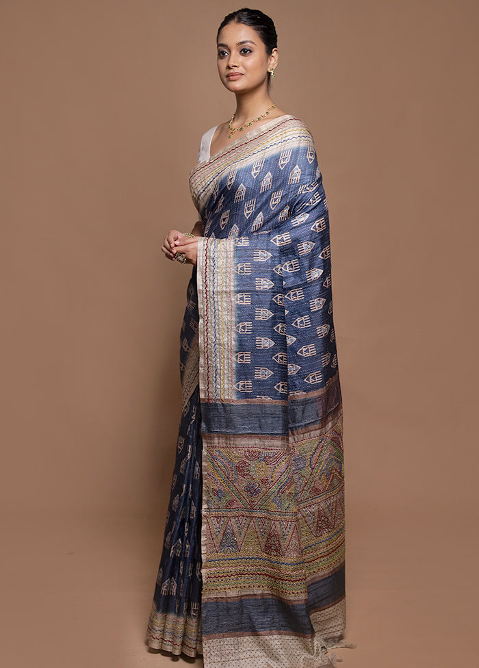 Blue Tussar Silk Saree With Blouse Piece