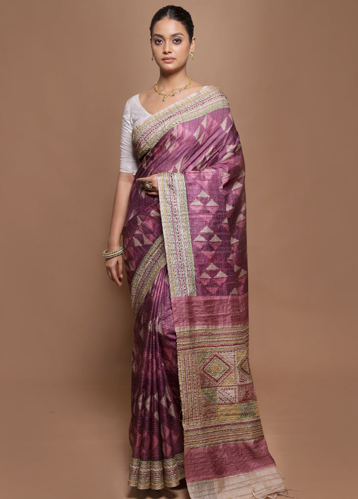 Purple Tussar Silk Saree With Blouse Piece