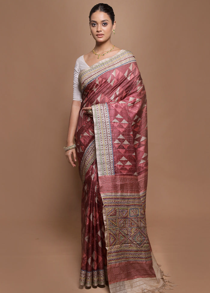 Pink Tussar Silk Saree With Blouse Piece