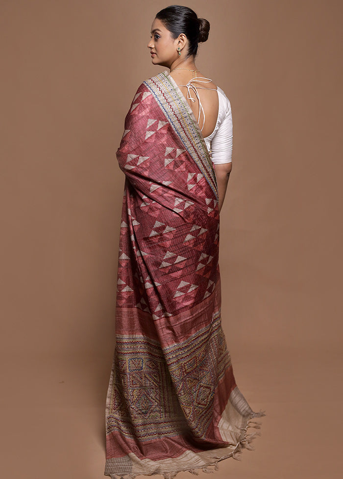 Pink Tussar Silk Saree With Blouse Piece