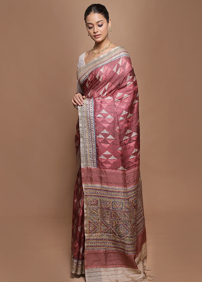 Pink Tussar Silk Saree With Blouse Piece
