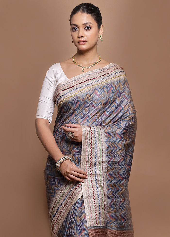 Blue Tussar Silk Saree With Blouse Piece