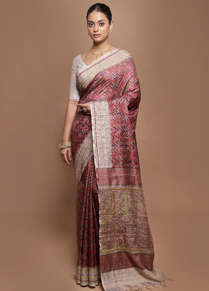 Pink Tussar Silk Saree With Blouse Piece