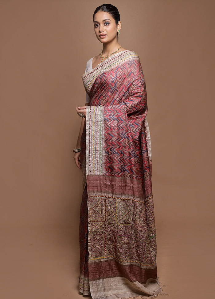 Pink Tussar Silk Saree With Blouse Piece