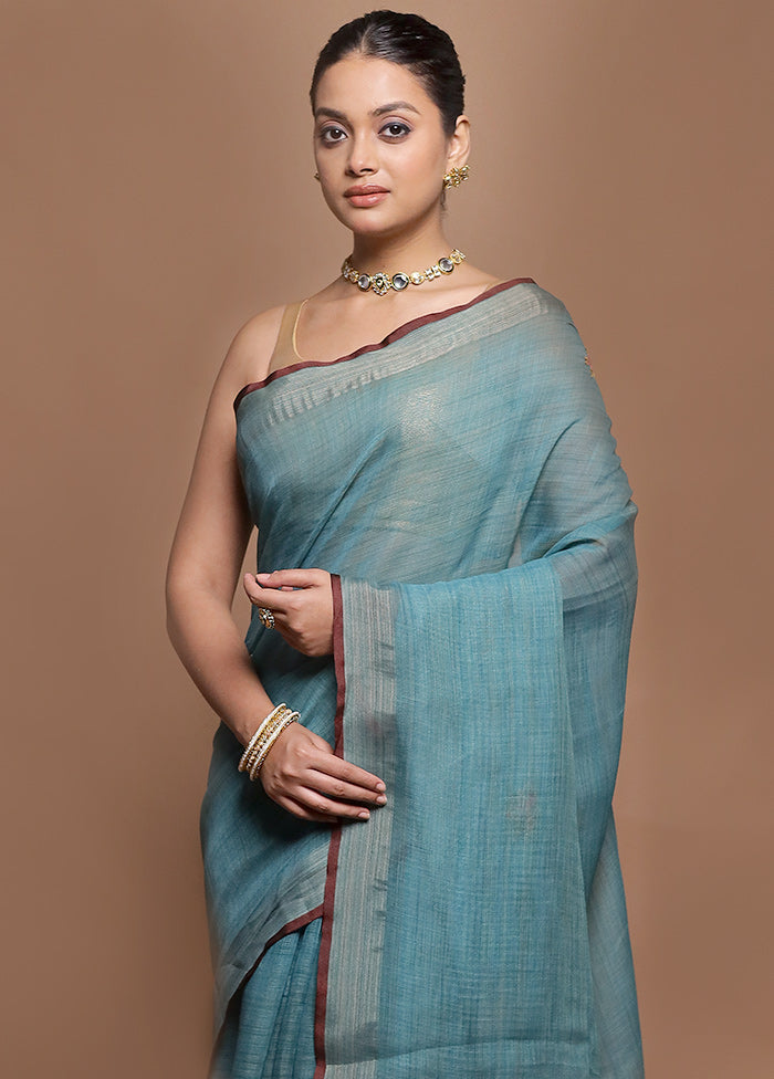 Green Linen Silk Saree With Blouse Piece