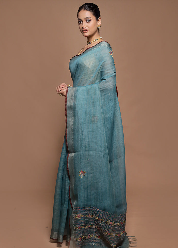 Green Linen Silk Saree With Blouse Piece