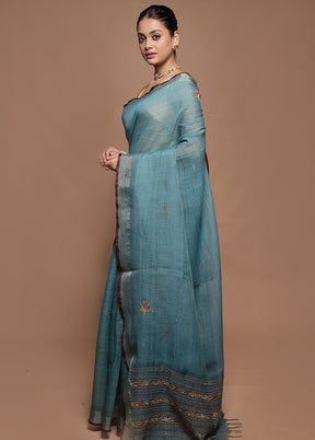 Green Linen Silk Saree With Blouse Piece