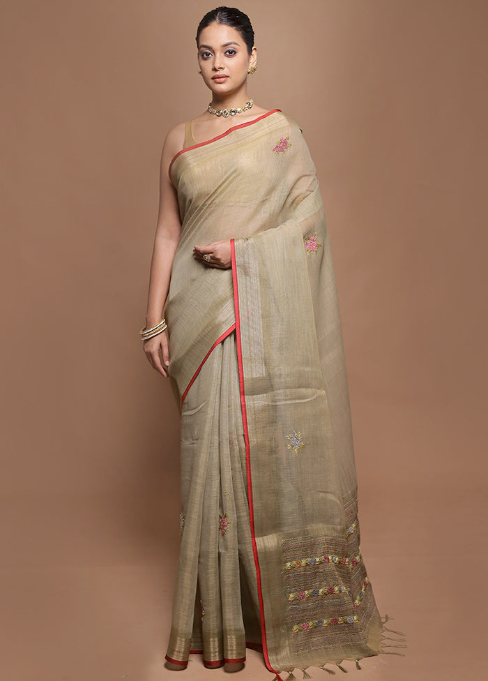 Cream Linen Silk Saree With Blouse Piece