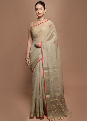 Cream Linen Silk Saree With Blouse Piece
