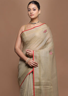 Cream Linen Silk Saree With Blouse Piece