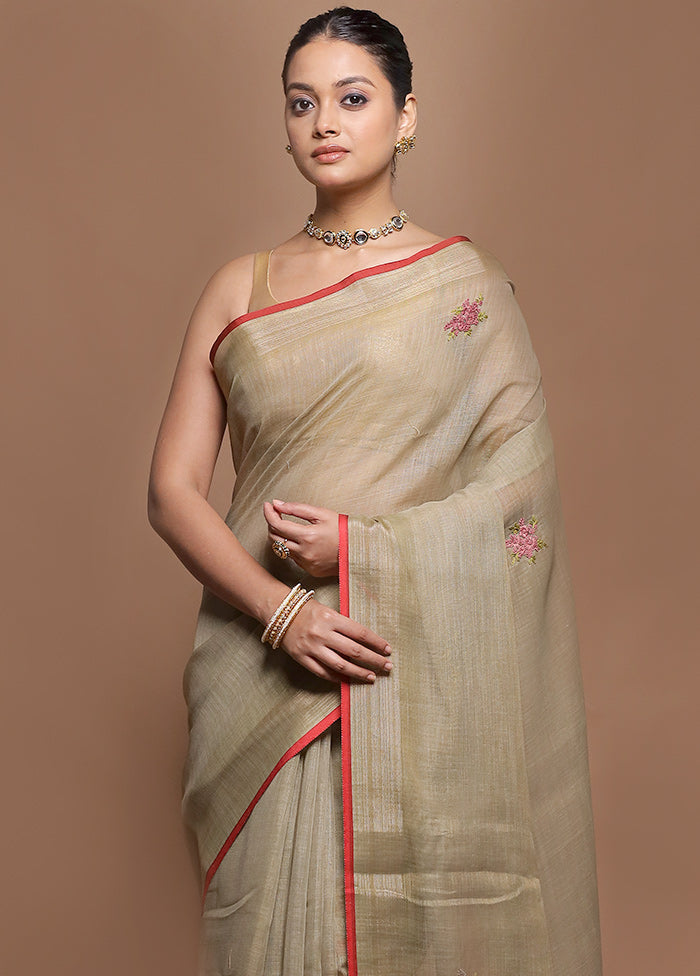 Cream Linen Silk Saree With Blouse Piece