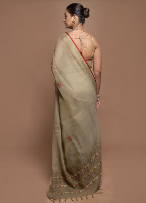 Cream Linen Silk Saree With Blouse Piece