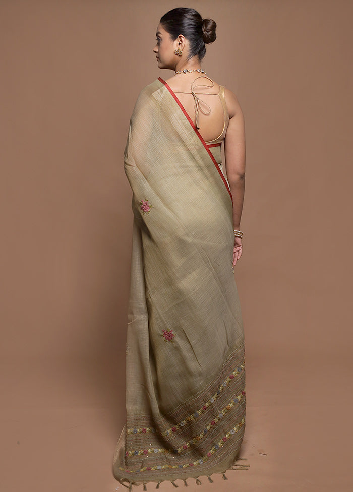 Cream Linen Silk Saree With Blouse Piece
