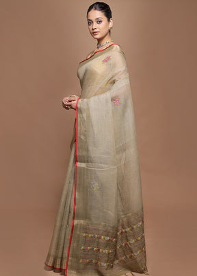 Cream Linen Silk Saree With Blouse Piece