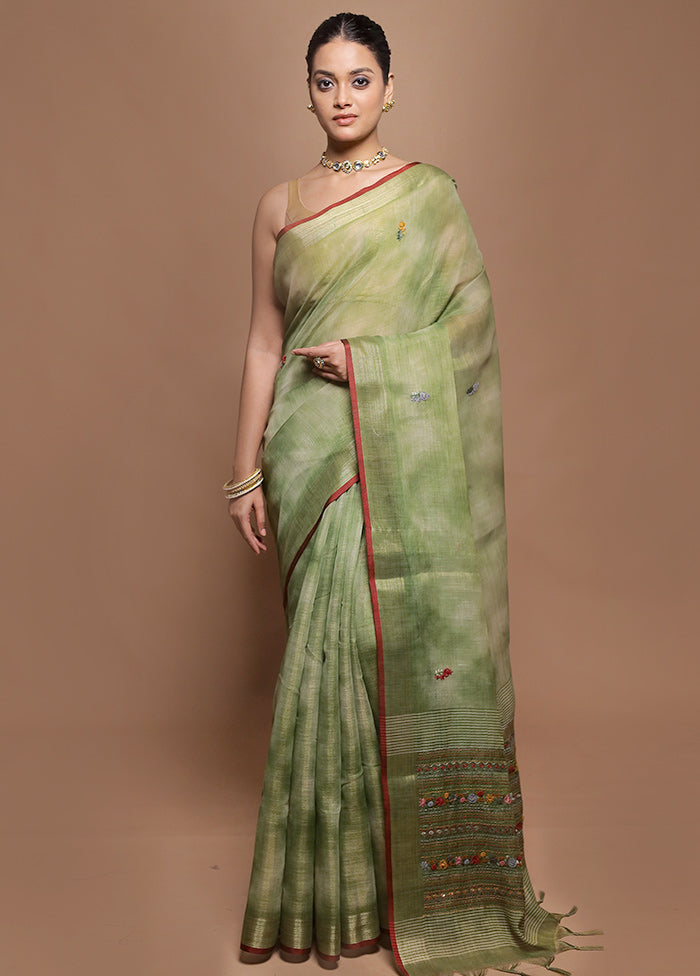 Green Linen Silk Saree With Blouse Piece