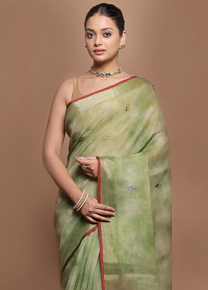 Green Linen Silk Saree With Blouse Piece