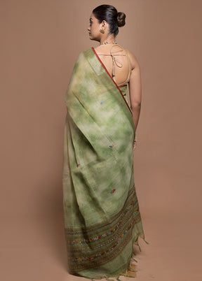 Green Linen Silk Saree With Blouse Piece