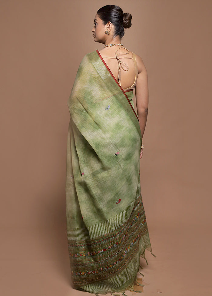 Green Linen Silk Saree With Blouse Piece