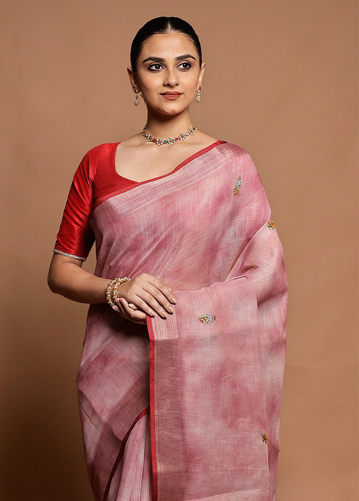 Pink Linen Silk Saree With Blouse Piece