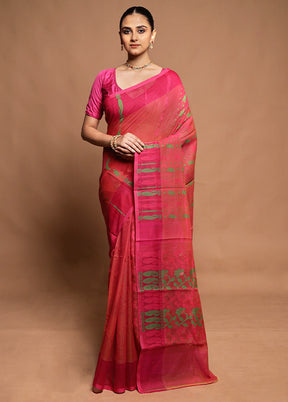 Pink Tant Jamdani Saree Without Blouse Piece