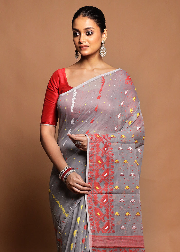 Grey Tant Jamdani Saree Without Blouse Piece