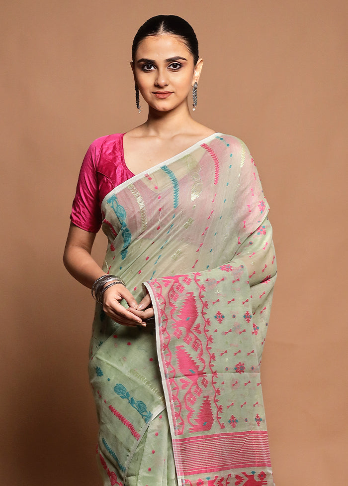 Green Tant Jamdani Saree Without Blouse Piece