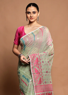 Green Tant Jamdani Saree Without Blouse Piece