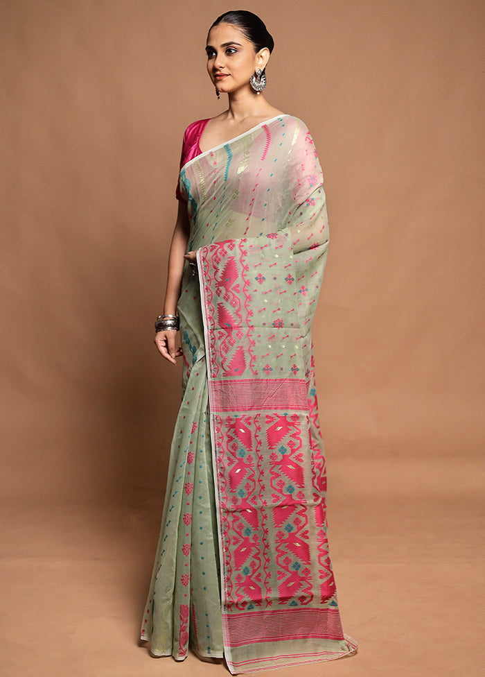 Green Tant Jamdani Saree Without Blouse Piece