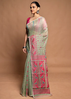 Green Tant Jamdani Saree Without Blouse Piece