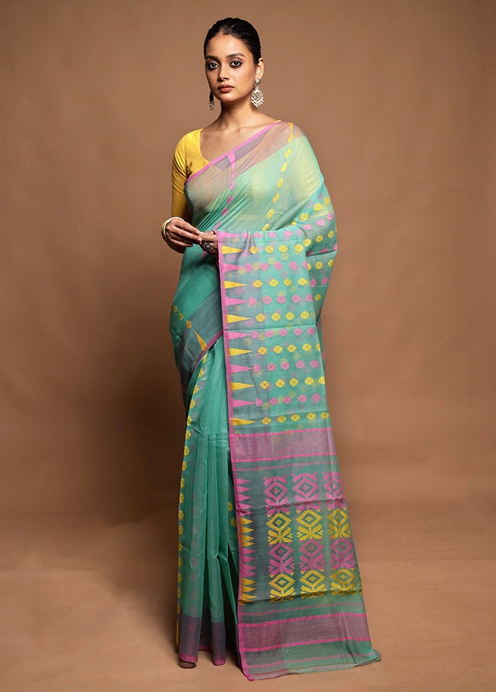 Green Tant Jamdani Saree Without Blouse Piece
