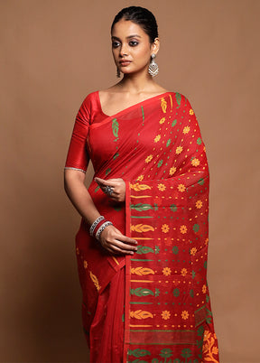 Red Tant Jamdani Saree Without Blouse Piece