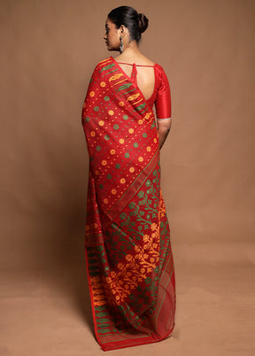 Red Tant Jamdani Saree Without Blouse Piece