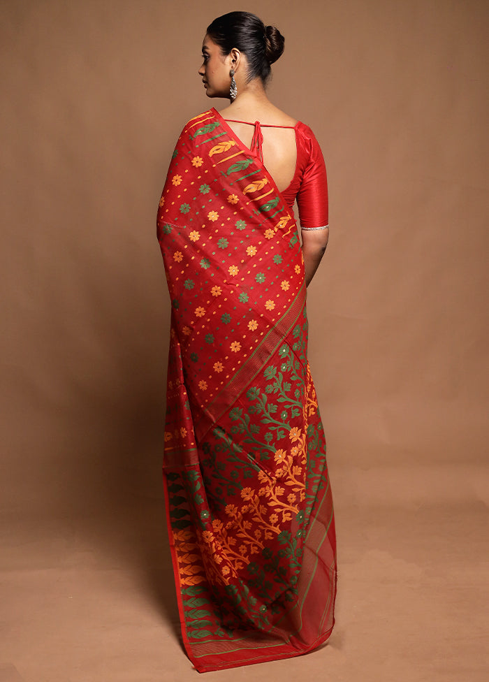 Red Tant Jamdani Saree Without Blouse Piece