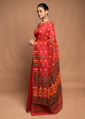 Red Tant Jamdani Saree Without Blouse Piece