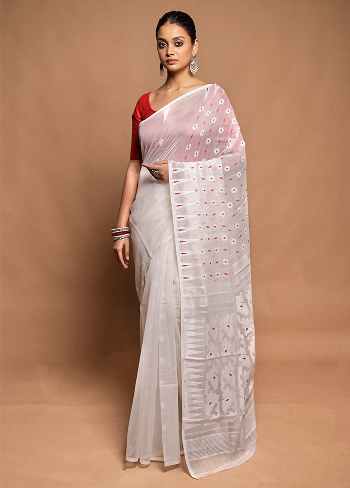 White Tant Jamdani Saree Without Blouse Piece